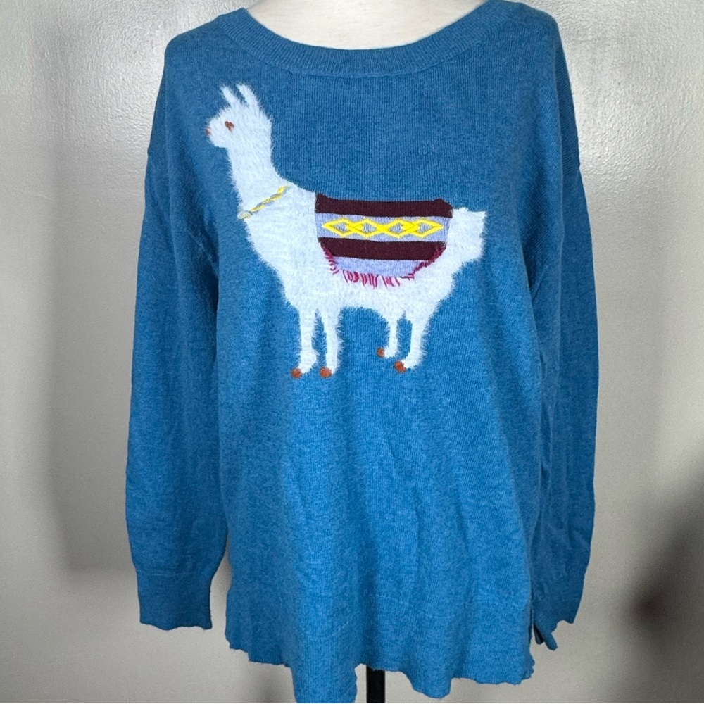 Sundance Size Small “Laid Back Llama” Aqua Blue Wool Blend Long Sleeve Sweater